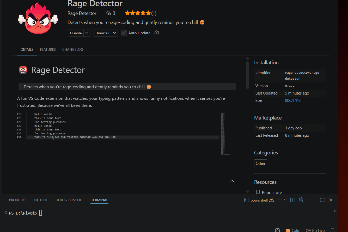 Rage Detector VS Code extension — demo animation